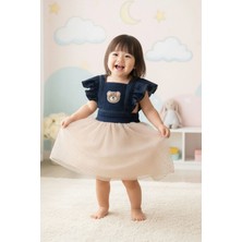 Cantoy Kolları Fırfırlı Kot Ayıcık Nakışlı Tül Elbise