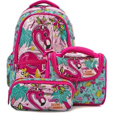 Benitto Kids Wia 3 Bölmeli Palm Flamingo Çanta Seti Turkuaz(Okul Çantası+Termoslu Beslenme Çantası+Kalemlik)