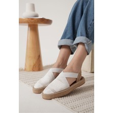 Alfaze Beyaz Tekstil Kilim Desenli El Yapımı Jüt Sargı Taban Espadril Ayakkabı Topuk Boyu 2,5 cm