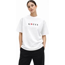Camblys Unisex Gucii Comme Des Garçons Logo Yazılı Ön Baskılı Oversize Kalın Kumaş Bol Kesim Pamuklu T-Shirt