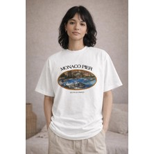 Camblys Unisex Monaco Pier Ön Baskılı Oversize Kalın Kumaş Bol Kesim Pamuklu T-Shirt