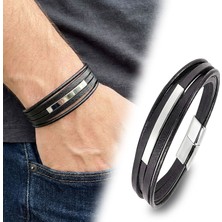 Fm İsim Yazılabilir Beyaz Çelik Plakalı Çoklu Siyah Deri Erkek Bileklik    31834B28D12  -  21 cm