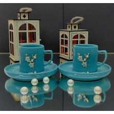 KirLinova Dal Çiçek Kahve Fincanı 2li Set Türk Kahvesi Fincan Takımı Turkuaz