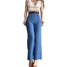 Kemerli Keten Pantolon -Mavi