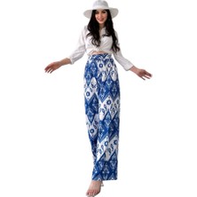 Desenli Beli Lastikli Bürümcük Pantolon -Mavi-Beyaz