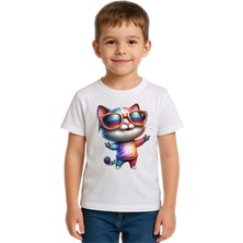 Sedirli Unisex Cat Baskılı Çocuk Tişört Pamuklu Penye Kumaş