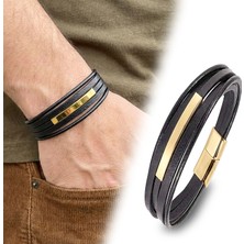 Fm Isim Yazılabilir Sarı Titanyum Plakalı Çoklu Siyah Deri Erkek Bileklik    14232 31834B28D11