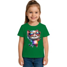 Sedirli Unisex Cat Baskılı Çocuk Tişört Pamuklu Penye Kumaş