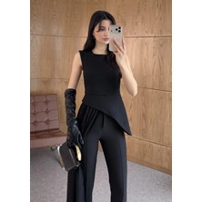 Qimya Butik Miss Neşem Kadın Bir Yanı Şifon Parçalı Kolsuz Şık Tunik