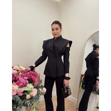 Qimya Butik Miss Neşem Kadın Iki Düğmeli Hakim Yaka Omzu Açık Fit Şık Ceket