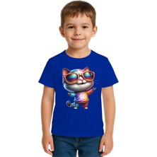 Sedirli Unisex Cat Baskılı Çocuk Tişört Pamuklu Penye Kumaş