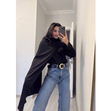 Qimya Butik Miss Neşem Kadın Önü Sabit Geniş Şal Parçalı Uzun Kol Dik Yaka Saten Bluz