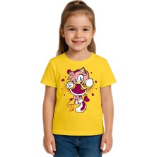 Sedirli Unisex Sonic Super Girl Baskılı Çocuk Tişört Pamuklu Penye Kumaş