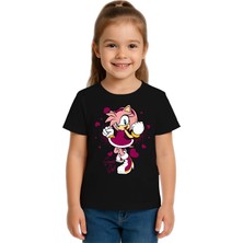 Sedirli Unisex Sonic Super Girl Baskılı Çocuk Tişört Pamuklu Penye Kumaş
