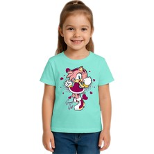 Sedirli Unisex Sonic Super Girl Baskılı Çocuk Tişört Pamuklu Penye Kumaş