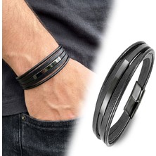 Fm İsim Yazılabilir Siyah Titanyum Plakalı Çoklu Siyah Deri Erkek Bileklik   14229 31834B28D10