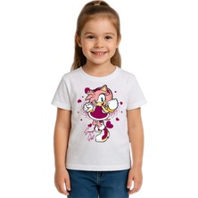 Sedirli Unisex Sonic Super Girl Baskılı Çocuk Tişört Pamuklu Penye Kumaş