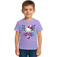 Sedirli Unisex Hello Kity Baskılı Çocuk Tişört Pamuklu Penye Kumaş