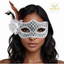 Vexor Gümüş Renk Tüylü Balo Maskesi Kadın Parti Aksesuarı