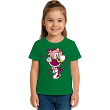 Sedirli Unisex Sonic Super Girl Baskılı Çocuk Tişört Pamuklu Penye Kumaş