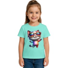 Sedirli Unisex Cat Baskılı Çocuk Tişört Pamuklu Penye Kumaş