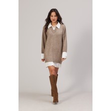 Nisan Triko Gömlek Görünümlü V Yaka Elbise