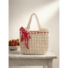 Masal Örgü Evi Kadın Krem Renk Kırmızı Fularlı File Örgü Plaj Omuz Çantası - Polyester