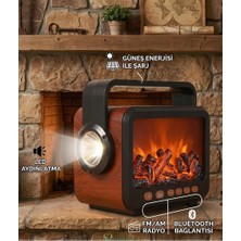 FP-337-S Solar Panelli Şömine Nostaljik Görünümlü Bluetoothlu ve Fenerli Mp3 Çalar Radyo Müzik