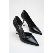 Rella Siyah Rugan Sivri Burun Gold Topuk Detaylı Ince Topuklu Şık Stiletto Kadın Ayakkabı