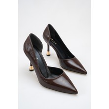 Rella Kahverengi Rugan Sivri Burun Gold Topuk Detaylı Ince Topuklu Şık Stiletto Kadın Ayakkabı