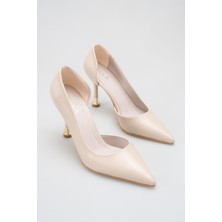 Rella Ten Rugan Sivri Burun Gold Topuk Detaylı Ince Topuklu Şık Stiletto Kadın Ayakkabı