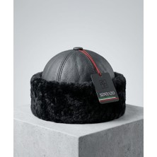 SDNYAZO Düz Deri ve Siyah Kürklü Erkek Siyah Börk Şapka