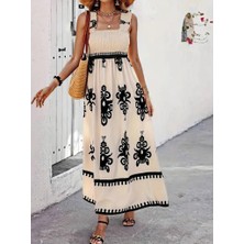 Melen Moda Kadın Askılı Kare Yaka Gipe Detaylı Desenli Suprem Elbise