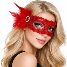 Colezium Kırmızı Taşlı Venedik Parti Maskesi – Tüylü Payetli