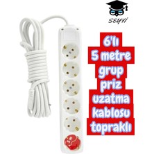 6'lı 5 Metre Grup Priz Uzatma Kablosu Topraklı