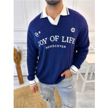 Elku Moda Kazak Oversize Polo Yaka Desenli Triko Yumuşak Dokulu Tüylenmez Salaş Nakış Detaylı Sweatshirt