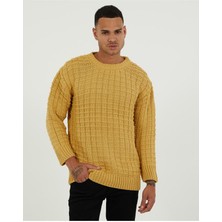 Elku Moda Oversize Kare Örgü Desenli Naturel Pamuk Kazak Bol Kesim Bisiklet Yaka Tüylenmeyen Salaş Kazak Triko