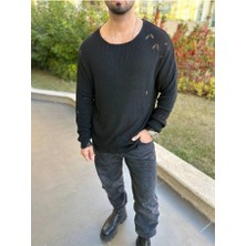 Elku Moda Kazak Naturel Örme Pamuk Bisiklet Yaka Tüylenmeyen Yırtık Detaylı Lazer Kesim Triko Kazak
