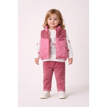 Harika Kids Kız Bebek 3’lü Takım 9-24 Ay Şişme Yelek %100 Pamuk Sweatshirt Kadife Pantolon