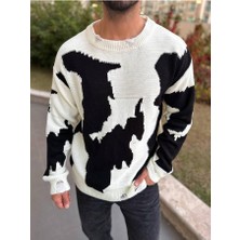 Elku Moda Kazak Çift Kat Örme Natural Pamuk Kazak Yırtık Detaylı Kendinden Desenli Lazer Kesim Salaş Triko