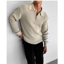 Elku Moda Oversize Tüylenmez Naturel Pamuk Fermuarlı Polo Yaka Triko Kazak Şık ve Konforlu Polo Yaka Tasarım