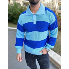 Elku Moda Kazak Oversize Tüylenmez Naturel Pamuk Polo Yaka Örme Düğme Kapamalı Triko Kazak