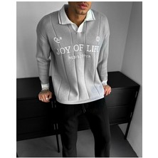 Elku Moda Oversize Polo Yaka Desenli Triko Kazak Yumuşak Dokulu Tüylenmez Salaş Nakış Detaylı Sweatshirt Triko