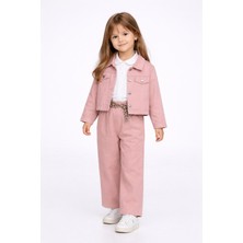 Harika Kids Kız Çocuk Gabardin Ceketli Takım – Düğmeli Dokuma Gömlekli, Beli Lastikli Kemerli Pantolon 2-5 Yaş