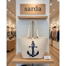 Sarda Yazlık Ekru Hasır Kadın Plaj Çantası Denizci Çapa Baskılı Büyük Omuz Çantası