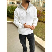 Elku Moda Kazak Dik Yaka Fermuarlı Balıkçı Yaka Örme Pamuk Tüylenmeyen Oversize Salaş Tarz Triko Kazak