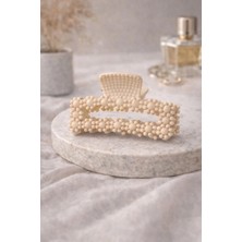 Nati Co Bej Renk Incili Dikdörtgen Mandal Toka - Kabartma Dokulu Şık Saç Aksesuarı