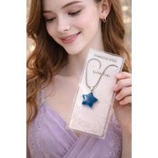 Banum Luxury Doğal Mavı Akuamarin Taşlı Çelik Kolye