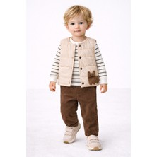 Harika Kids Erkek Bebek 3’lü Takım 9-24 Ay Şişme Yelek %100 Pamuk Sweatshirt Kadife Pantolon