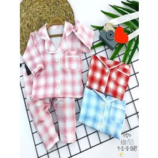 DMR Elegance 9-12-18-24 Ay Düğme Kapamalı Ekose Desenli 2li Kız Erkek Bebek Pijama Takımı Mavi